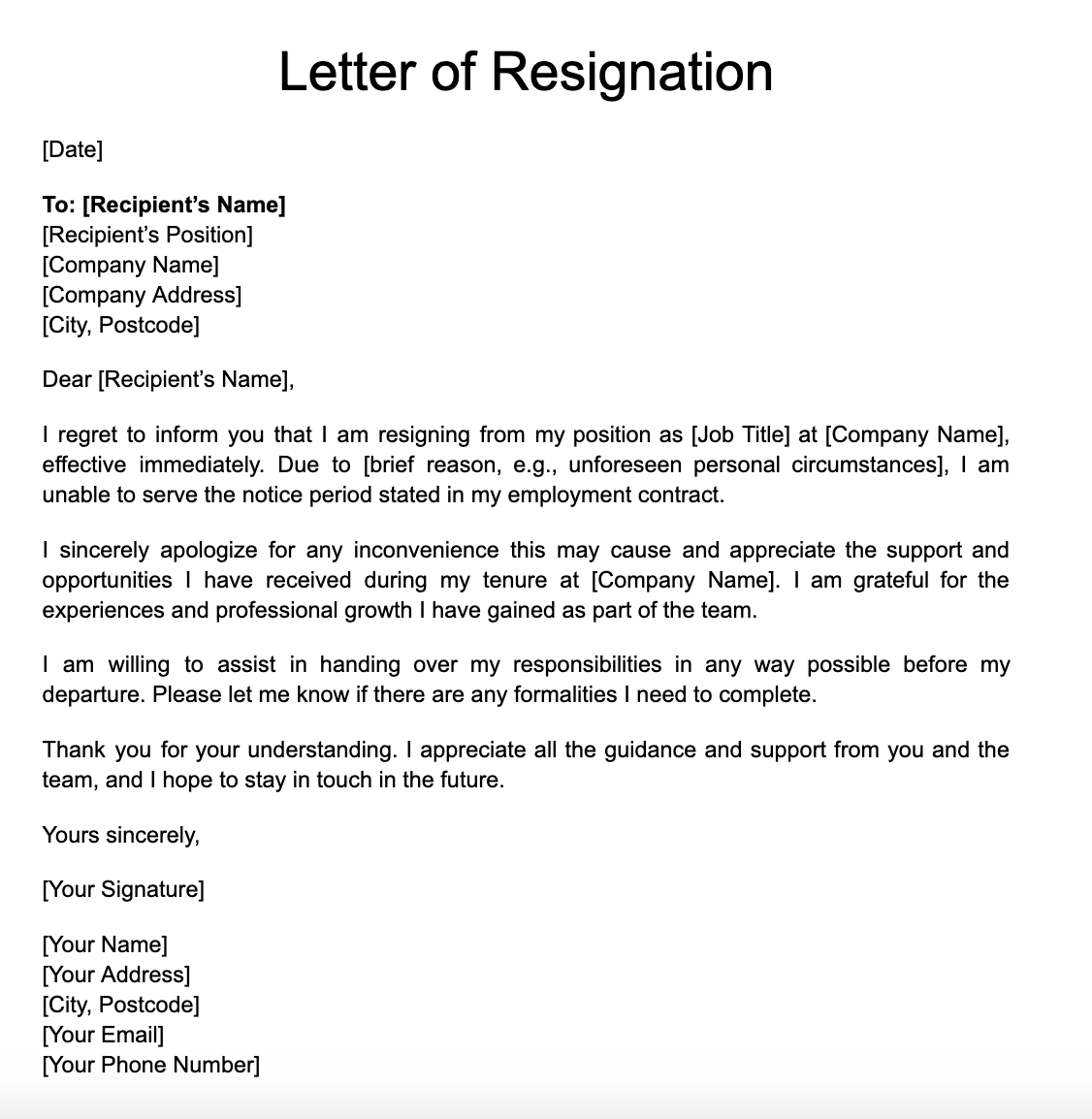 Resignation with immediate effect template